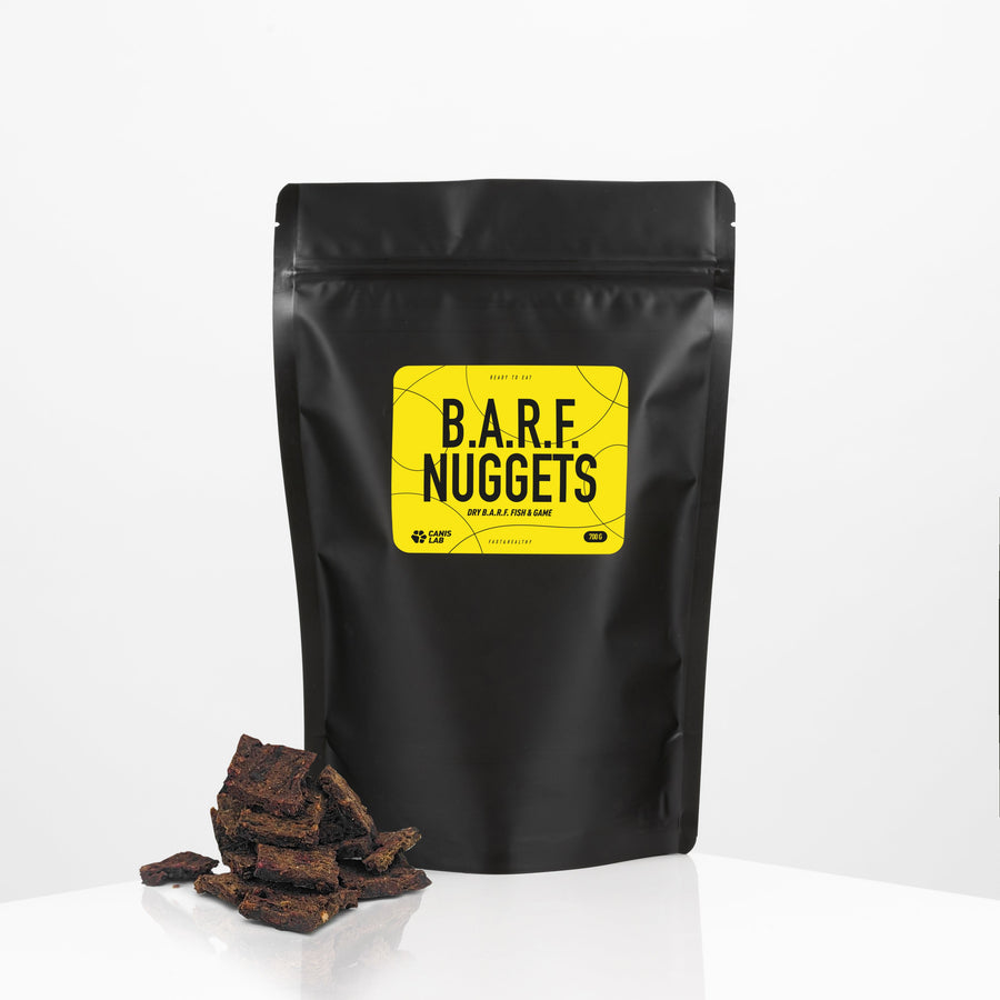 B.A.R.F. Nuggets Losos a zvěřina | Sušené kompletní krmivo bez nutnosti mrazení, ideální na cesty i jako odměna