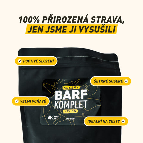 Sušený B.A.R.F. Poctivý Jelen | Sušené kompletní krmivo bez nutnosti mrazení, ideální na cesty i jako odměna