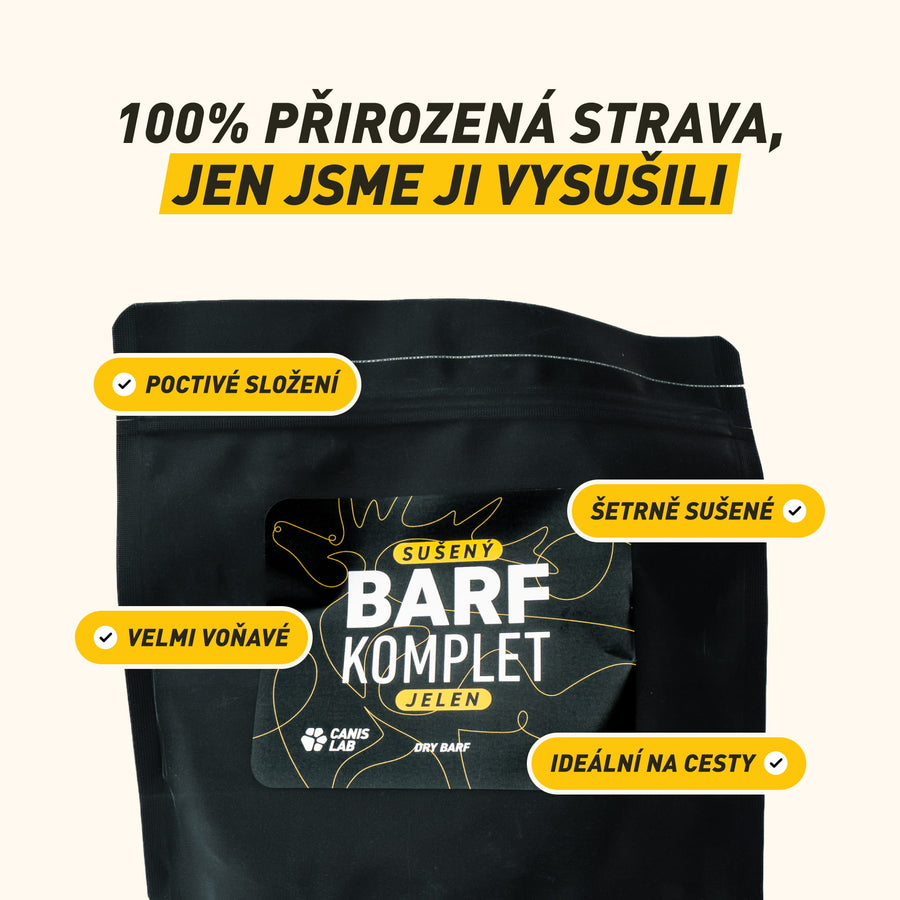 Sušený B.A.R.F. Poctivý Jelen | Sušené kompletní krmivo bez nutnosti mrazení, ideální na cesty i jako odměna