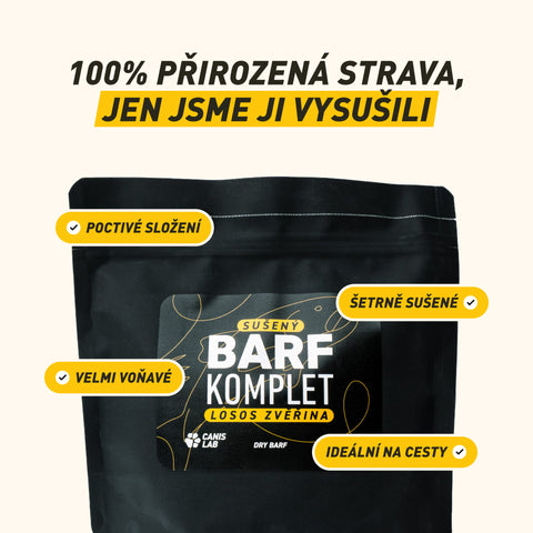 Sušený B.A.R.F. Poctivý Losos a zvěřina | Sušené kompletní krmivo bez nutnosti mrazení, ideální na cesty i jako odměna
