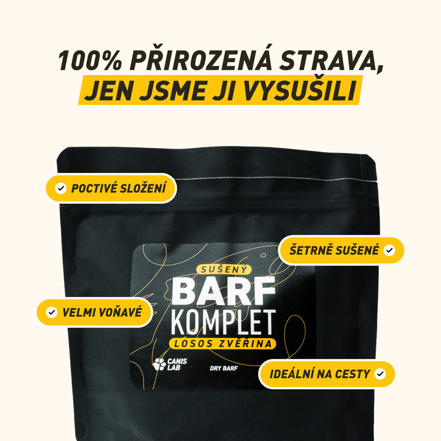 Sušený B.A.R.F. Poctivý Losos a zvěřina | Sušené kompletní krmivo bez nutnosti mrazení, ideální na cesty i jako odměna