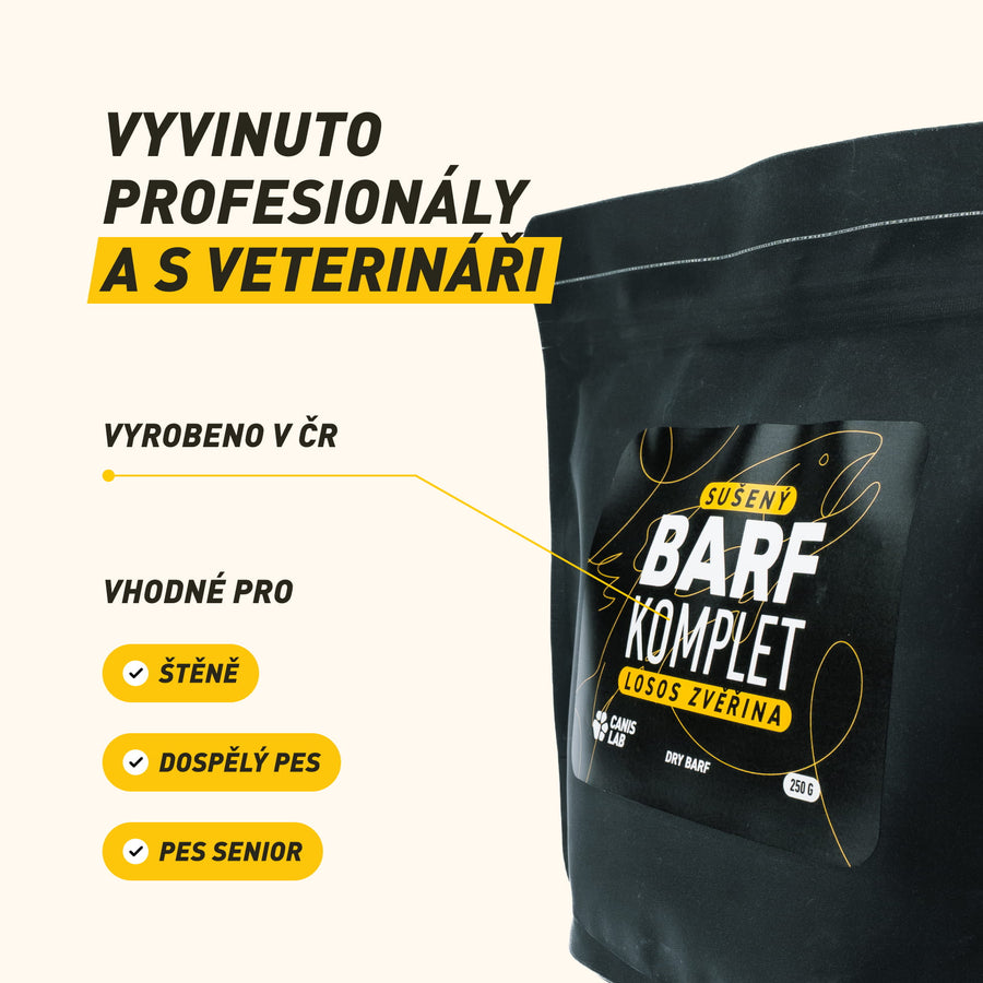 Sušený B.A.R.F. Poctivý Losos a zvěřina | Sušené kompletní krmivo bez nutnosti mrazení, ideální na cesty i jako odměna