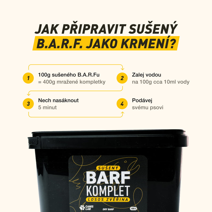 Sušený B.A.R.F. Poctivý Losos a zvěřina | Sušené kompletní krmivo bez nutnosti mrazení, ideální na cesty i jako odměna