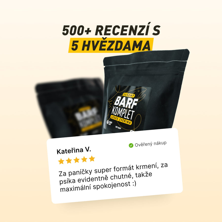 Sušený B.A.R.F. Poctivý Losos a zvěřina | Sušené kompletní krmivo bez nutnosti mrazení, ideální na cesty i jako odměna